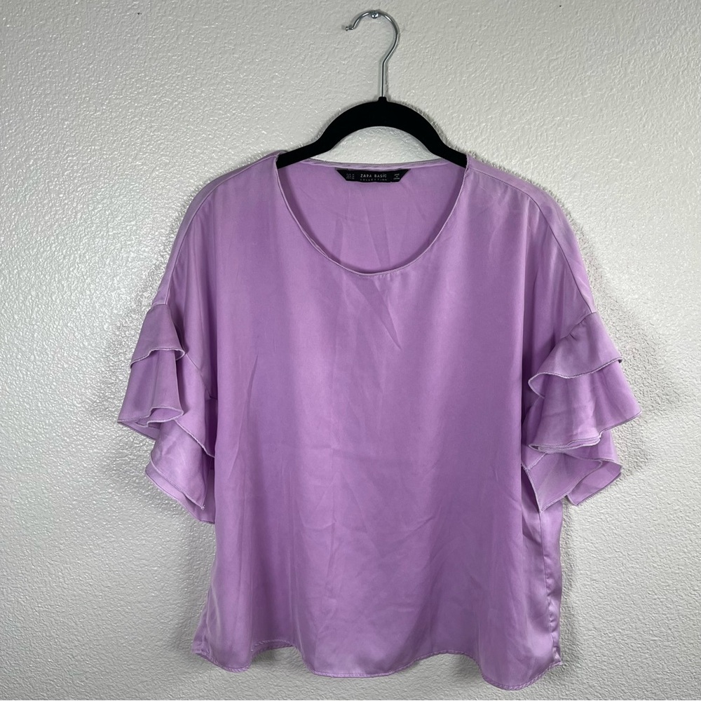 Zara Lilac Double-Ruffle Sleeve Blouse Women’s Medium - Picture 2 of 7